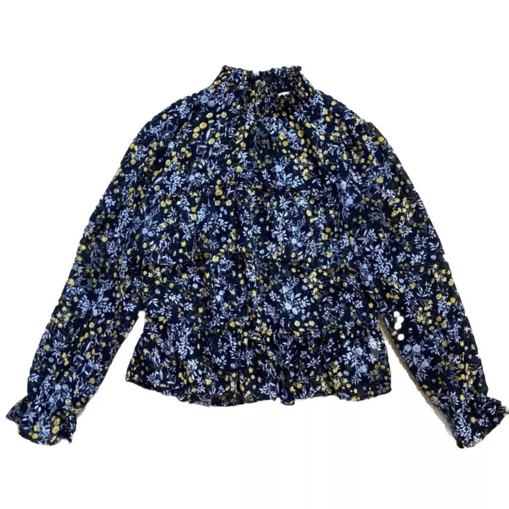 Rabbit Rose Black Floral Blouse Size Medium Mock Neck Sheer Ruffled Top Dressy